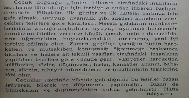 1929'da basılmış Köy Öğretmen Okulları için Ruhiyat ve Terbiye kitabından bir alıntı: 