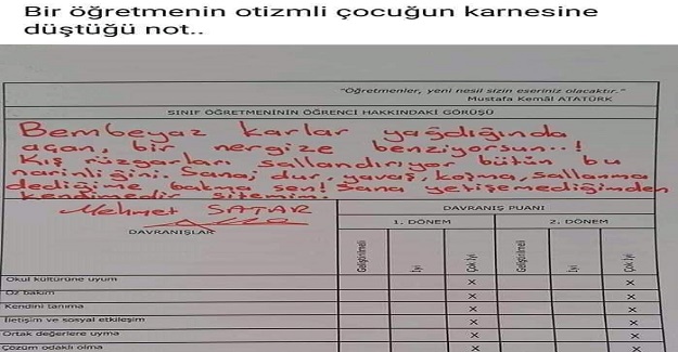 Bir Öğretmenin Otizmli Öğrencisi İçin Karnesine Yazdığı Anlamlı Not