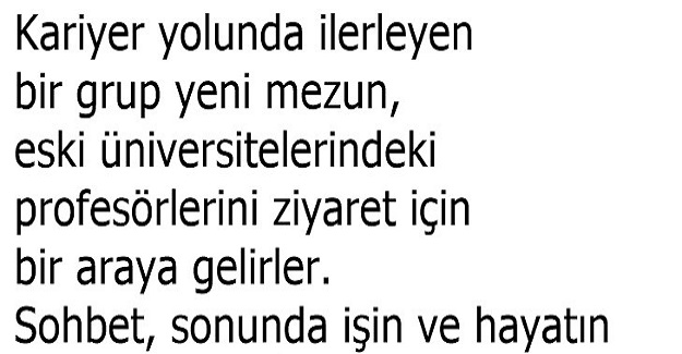Bir grup kariyer yolunda ilerleyen yeni mezun, eski üniversitelerindeki profesörlerini ziyaret için bir araya gelirler.