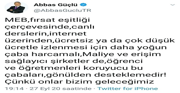MEB Fırsat Eşitliği Çerçevesinde, Canlı Derslerin İnternet Ücretini Bedava Yapmalı