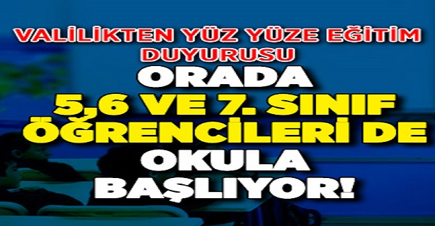 Valilik Açıkladı: Bir İlimizde 5,6 ve 7. sınıflarda Yüz Yüze Eğitime Başlayacak