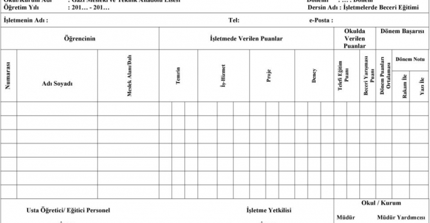 İşletmelerde Beceri Eğitimi Dönem Sonu Not Fişi