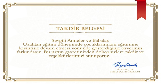 MEB'den Tüm Velilere Takdir Belgesi