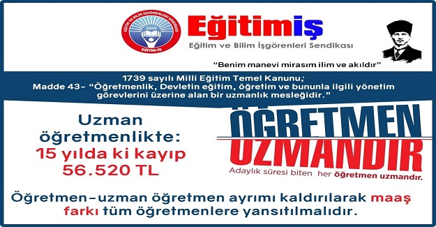 Adaylığı kaldırılan her öğretmene UZMANLIK payesi verilmeli