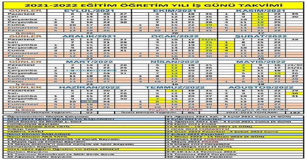 2021-2022 Eğitim Öğretim Yılı İş Günü Takvimi