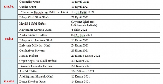 2021-2022 Belirli Gün ve Haftalar Listesi