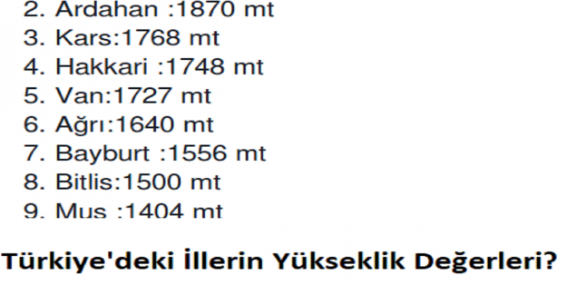 Türkiye'deki İllerin Yükseklik Değerleri?