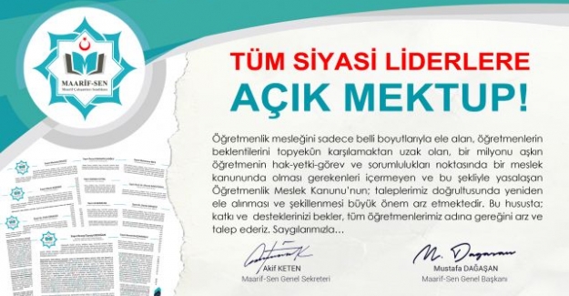 Maarif-Sen; Öğretmenlik Meslek Kanunu'nun Yeniden Ele Alınması İçin Tüm Siyasi Liderlere Açık Mektup Gönderdi