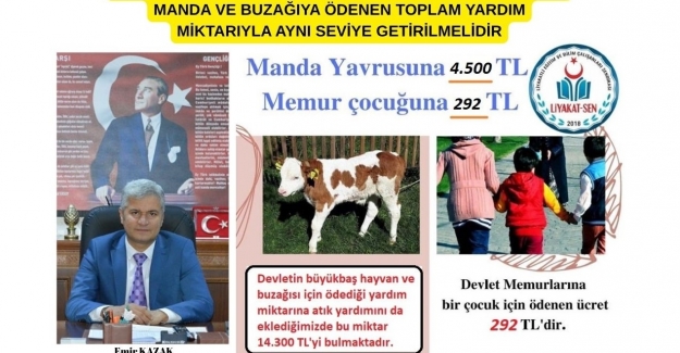 DEVLET MEMURLARINA ÖDENEN AİLE VE ÇOCUK YARDIMI, MANDA VE BUZAĞIYA ÖDENEN TOPLAM YARDIM MİKTARIYLA AYNI SEVİYE GETİRİLMELİDİR